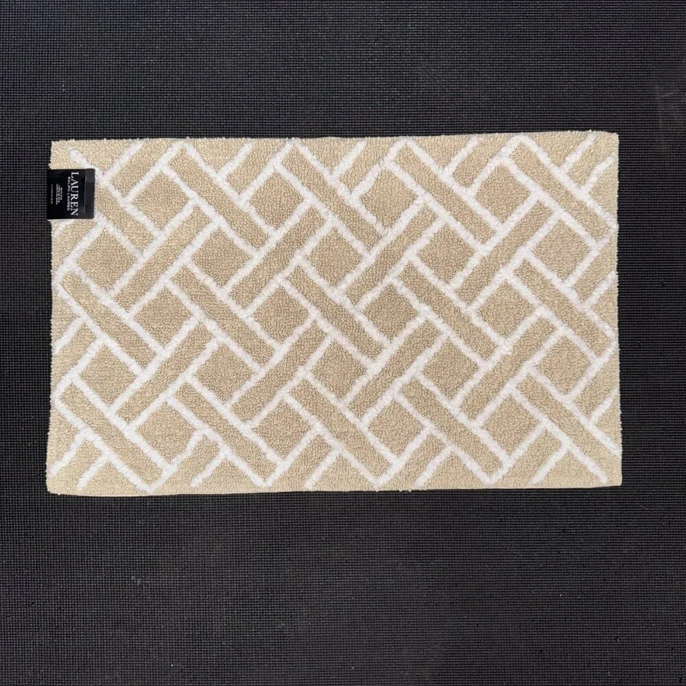 Ralph Lauren 21 x 34 Bath Rug Mat Cotton Beige Tan Geometric Striped Diamonds